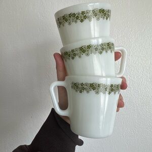 Pyrex White Milk Glass Mugs with Olive Green Floral Trim - Set of 3